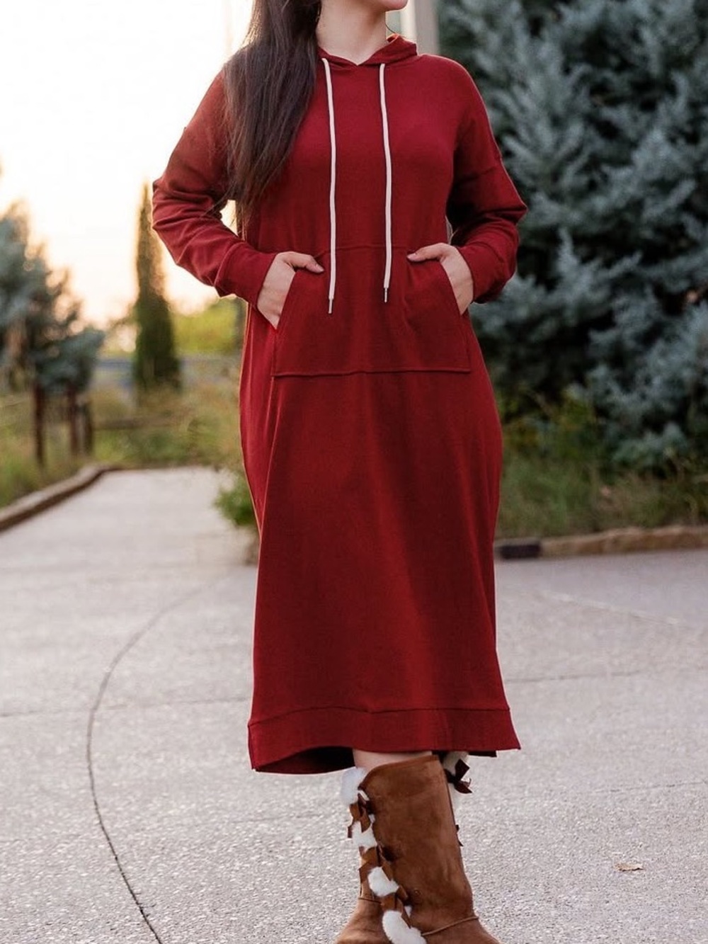 Casual Hooded Midi Dress in Red